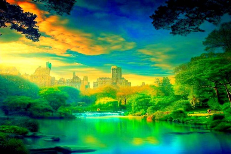 Central Park's surrounded by trees, colorful skies, and the New York City skyline in the background