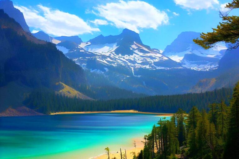A stunning view of a distant mountain range with shades of blue, overlooking a crystal-clear blue lake. The lake is surrounded by lush greenery, creating a breathtaking scene of natural beauty.